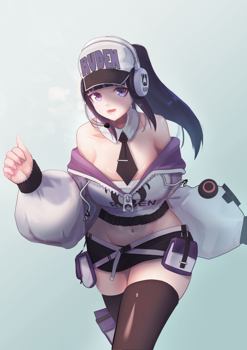 1girl absurdres baggy_clothes bangs bare_shoulders baseball_cap belt belt_pouch black_hair black_legwear black_shorts blunt_bangs borrowed_character breasts clothes_writing collarbone commentary d-pad detached_collar dreamkite english_text groin hat headphones headset highres lanmei large_breasts long_hair looking_at_viewer lowleg lowleg_shorts multiple_belts navel necktie off-shoulder_sweater off_shoulder original ponytail pouch short_shorts shorts solo sweater thigh_pouch thighhighs tie_clip unzipped walking zipper_pull_tab