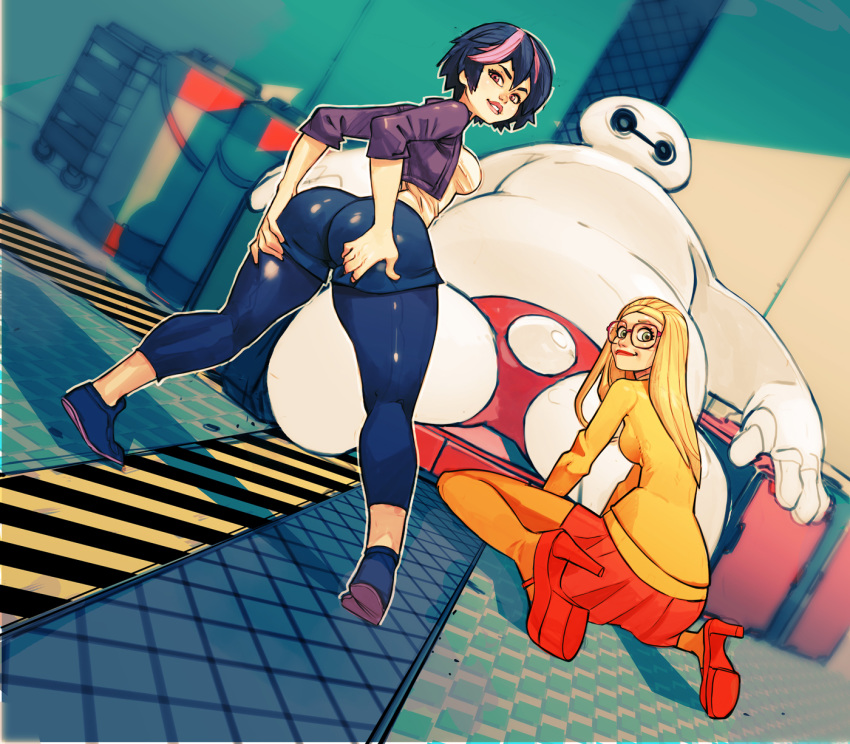 1other 2girls ass ass_support baymax big_hero_6 bike_shorts black_footwear black_hair black_legwear blue_shorts breasts commentary cropped_jacket dutch_angle english_commentary fat fat_man from_behind glasses gogo_tomago green_eyes highres honey_lemon joel_jurion leggings legs lips lipstick long_hair makeup medium_breasts multicolored_hair multiple_girls orange_hair orange_legwear orange_skirt pink_hair platform_footwear platform_heels red-framed_eyewear red_eyes red_footwear shoes short_hair shorts sitting skindentation skirt slender_waist sneakers streaked_hair sweater thick_thighs thighs turtleneck turtleneck_sweater two-tone_hair wariza