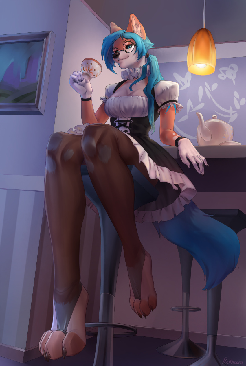 2019 absurd_res anthro black_nose blue_eyes blue_hair breasts canid canine clothed clothing detailed_background digital_media_(artwork) eyelashes eyewear female fox glasses hair hi_res mammal poofroom sitting solo