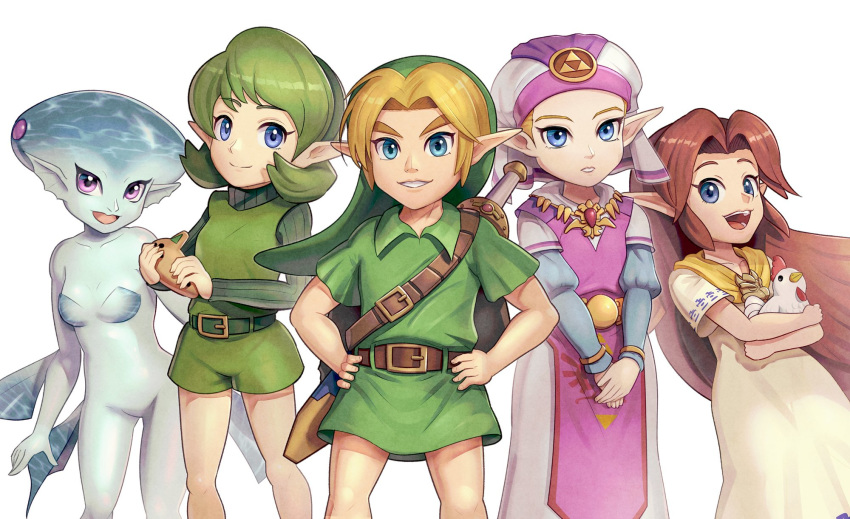 1boy belt blonde_hair blue_eyes blue_skin blush boots brown_hair dress earrings fairy fish_girl gloves gonzarez green_eyes green_hair green_hairband hairband hat highres jewelry kokiri link long_hair malon monster_girl multiple_girls nintendo pointy_ears princess_ruto princess_zelda purple_eyes red_hair saria short_hair smile the_legend_of_zelda the_legend_of_zelda:_ocarina_of_time young_link young_zelda younger zora