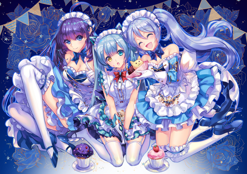 bicolored_eyes blue blue_eyes blue_hair bow cu-rim dress garter gloves headdress kara_(king's_raid) king's_raid long_hair maid mirianne_(king's_raid) sonia_(king's_raid) stockings thighhighs twintails