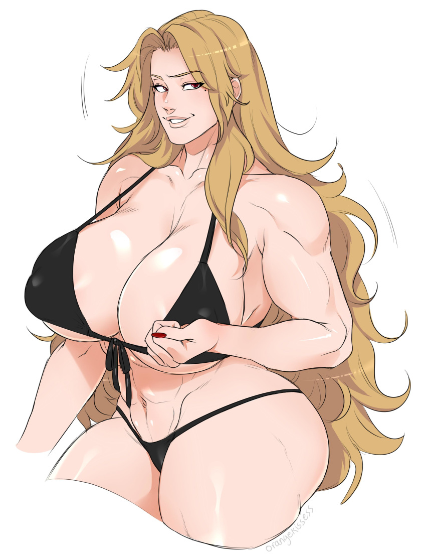 10s 1girl abs absurdres blonde_hair breasts daidouji_(senran_kagura) highres huge_breasts long_hair mole mole_under_eye muscle orangekisses red_eyes senran_kagura solo thick_thighs thighs very_long_hair