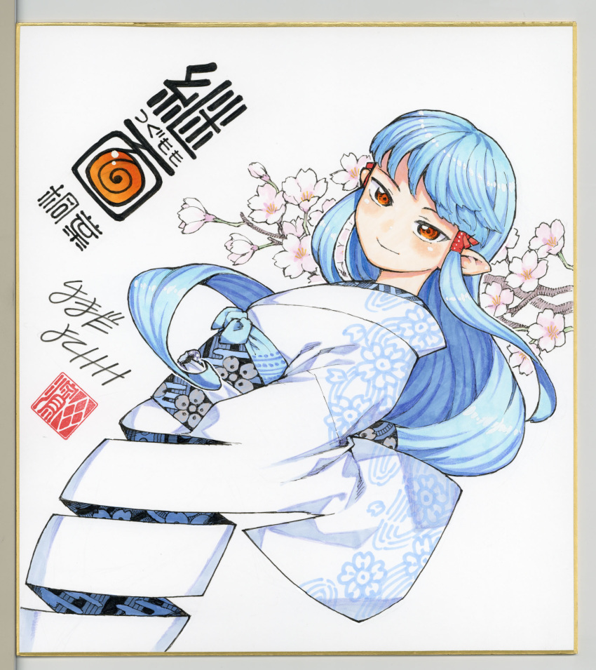 1girl blue_hair character_name cherry_blossoms copyright_name floral_print flower hair_ribbon hamada_yoshikazu highres japanese_clothes kimono kiriha_(tsugumomo) long_hair looking_at_viewer obi official_art orange_eyes pointy_ears print_kimono red_ribbon ribbon sash shikishi signature simple_background smile solo traditional_media tsugumomo white_background