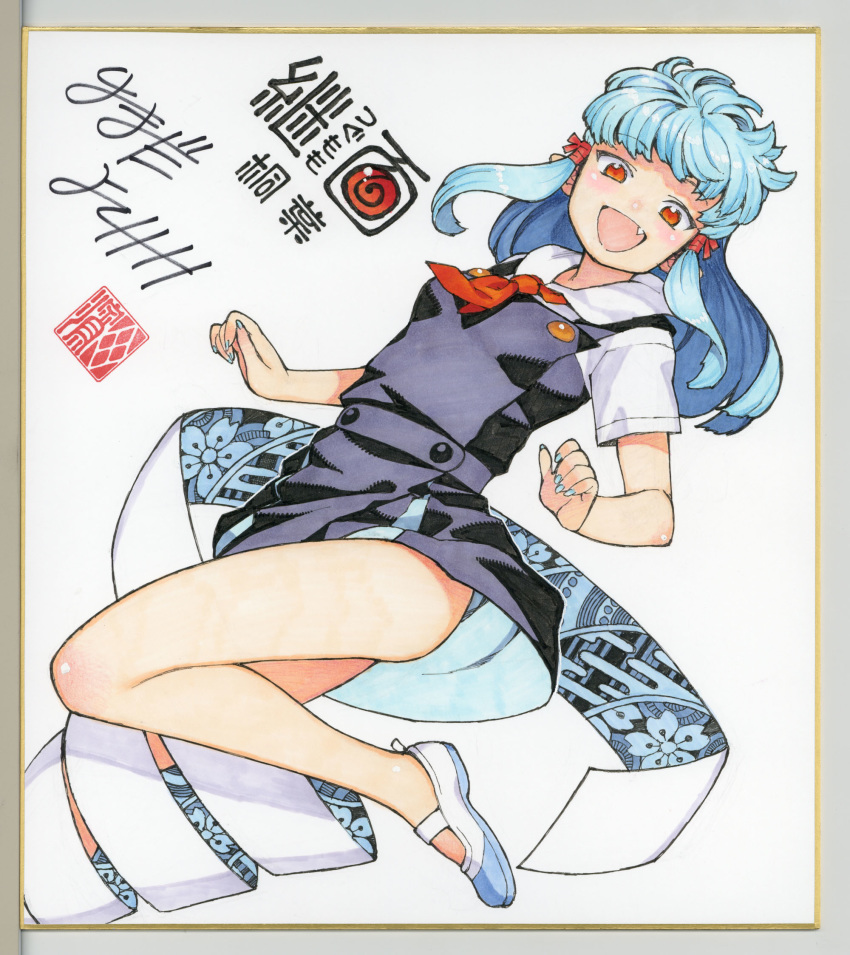 1girl :d blue_eyes blue_nails character_name copyright_name dress eyebrows_visible_through_hair fang hair_ribbon hamada_yoshikazu highres kiriha_(tsugumomo) long_hair looking_at_viewer nail_polish necktie official_art open_mouth orange_eyes pinafore_dress red_neckwear ribbon school_uniform shikishi shoes short_sleeves signature simple_background smile solo traditional_media tsugumomo uwabaki white_background younger