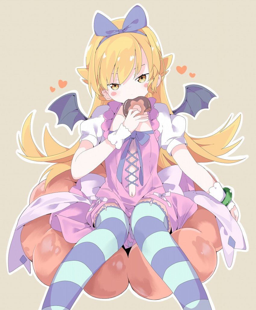 1girl bakemonogatari bangs bat_wings black_wings blonde_hair blue_hairband blue_ribbon blush_stickers brown_background brown_eyes commentary_request doughnut dress eating eyebrows_behind_hair feet_out_of_frame food french_cruller hair_between_eyes hair_ribbon hairband half-closed_eyes head_tilt heart highres holding holding_food long_hair looking_at_viewer monogatari_(series) navel navel_cutout oshino_shinobu outline pink_dress puffy_short_sleeves puffy_sleeves ribbon short_sleeves sitting solo striped striped_legwear tantan_men_(dragon) thighhighs very_long_hair white_outline wings