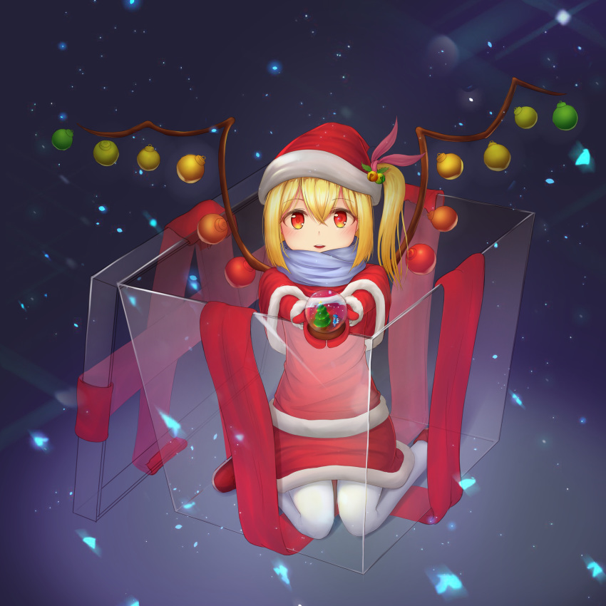 1girl absurdres blonde_hair box flandre flandre_scarlet gift gift_box hat highres lkjun_(jg010118) santa_costume santa_hat touhou white_legwear