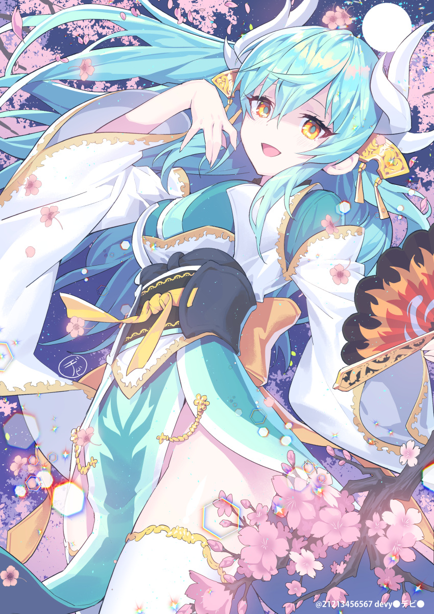 1girl :d absurdres bangs blue_hair blush breasts cherry_blossoms commentary_request devy dragon_horns eyebrows_visible_through_hair fate/grand_order fate_(series) fingernails floating_hair flower green_kimono hair_between_eyes hand_up highres horns japanese_clothes kimono kiyohime_(fate/grand_order) long_hair long_sleeves medium_breasts obi open_mouth petals pink_flower sash smile solo thighhighs tree_branch twitter_username very_long_hair white_legwear wide_sleeves yellow_eyes