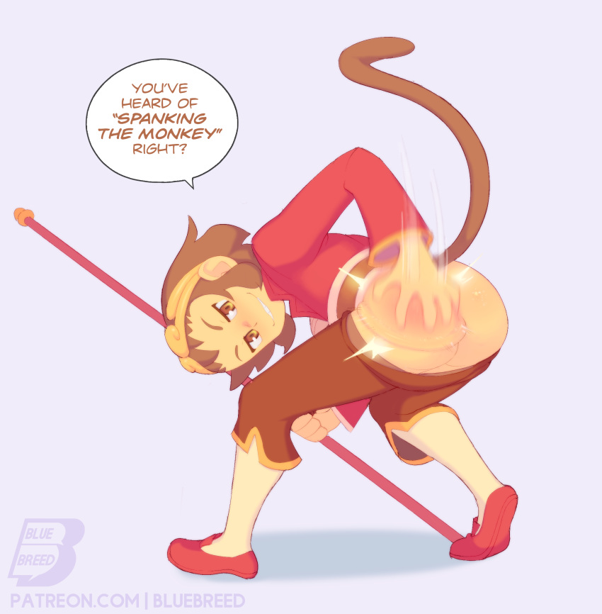 artist_name ass ass_smack ass_spanking bending_forward bluebreed brown_eyes brown_hair butt capcom dialogue eyebrows female female_focus female_only hair hair_ornament highres holding holding_pole holding_weapon looking_at_viewer marvel_vs._capcom marvel_vs._capcom_2 monkey_girl monkey_tail pole shoes smile sonson spanking speech_bubble tail teeth text video_games