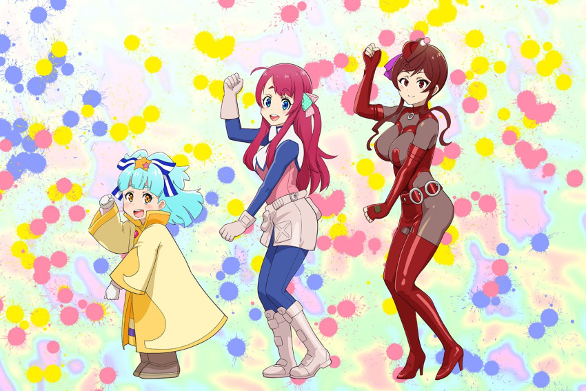 adette_kistler adette_kistler_(cosplay) ahoge ana_medaiyu ana_medaiyu_(cosplay) blue_eyes blue_hair bodysuit boots bow breasts brown_eyes brown_hair cosplay dancing fingerless_gloves gloves hair_ornament high_heels hoshikawa_lily large_breasts minamoto_sakura overman_king_gainer paint_splatter parody polka_dot polka_dot_bow red_hair sara_kodama sara_kodama_(cosplay) smile star star_hair_ornament the_monkey ueyama_michirou yellow_eyes yuugiri_(zombie_land_saga) zombie_land_saga