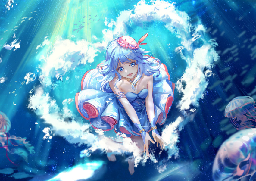 1girl :d achyue bangs bare_shoulders barefoot blue_dress blue_eyes blue_hair breasts day dress haiyi hat hat_feather heart highres jellyfish long_hair looking_at_viewer medium_breasts open_mouth outdoors pink_headwear school_of_fish smile solo strapless strapless_dress sunlight underwater vocaloid vocanese water
