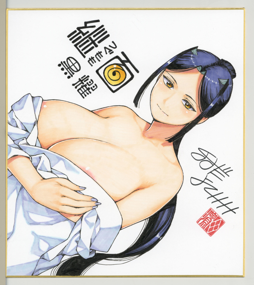 1girl areola_slip areolae bare_shoulders black_hair breast_hold breasts character_name copyright_name hamada_yoshikazu highres huge_breasts kokuyou light_smile long_hair nail_polish official_art ponytail shikishi signature simple_background solo traditional_media tsugumomo white_background yellow_eyes