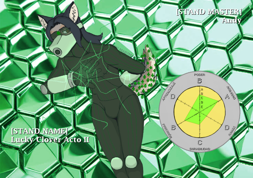 &clubs; andy_vazquez_(usuario2) armor black_hair brown_eyes brown_fur bulge canid canine canis clothing elbow_pads electricity fur gloves green_background hair jojo's_bizarre_adventure knee_pads long_hair male mammal mask mexican_wolf multicolored_fur simple_background sparks stand_(jjba) stats suit suit_symbol tight_suit usuario2_(artist) visor wolf