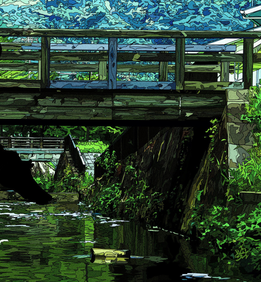 afloat blue_sky bridge canal commentary day film_grain harusameriburo highres no_humans original outdoors plant railing reflection silhouette sky symbol_commentary tree water wooden_bridge wooden_railing