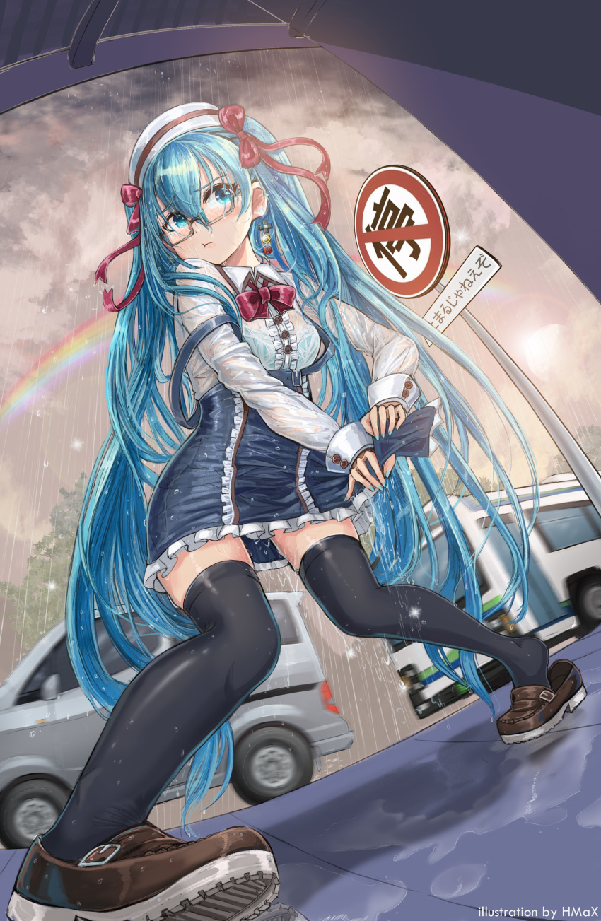 1girl absurdres aqua_bra aqua_eyes aqua_hair aqua_nails artist_name black_legwear bow bra brown_footwear collared_shirt dress earrings frilled_skirt frills glasses hair_bow hair_ribbon hatsune_miku highres hmax jewelry long_hair long_sleeves nail_polish necktie outdoors rain rainbow red_bow red_neckwear red_ribbon ribbon see-through semi-rimless_eyewear shirt shirt_tucked_in shoes skirt solo thighhighs twintails under-rim_eyewear underwear very_long_hair vocaloid wet wet_clothes wet_shirt wringing_clothes wringing_dress wringing_skirt