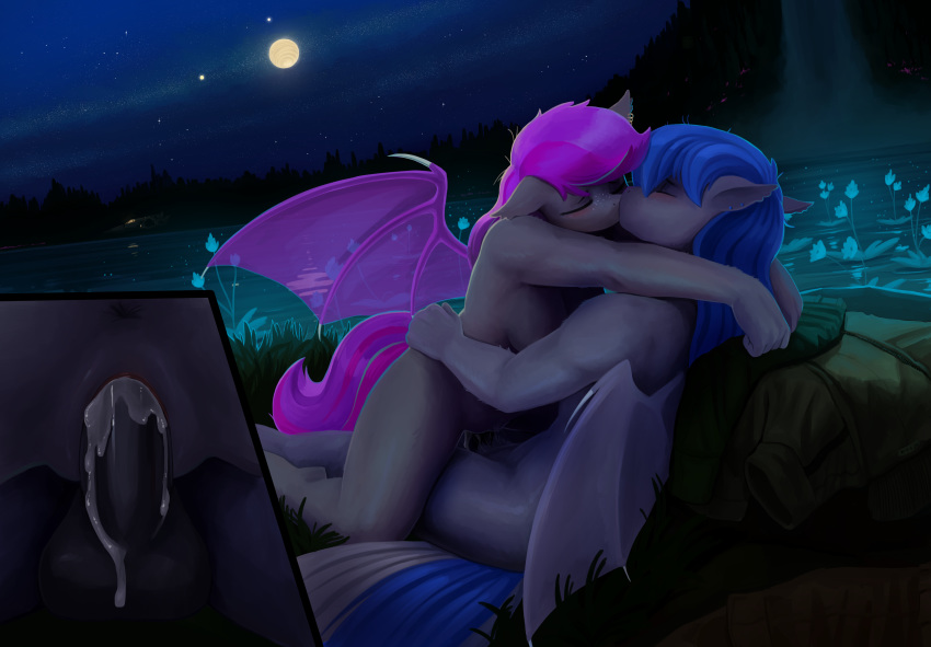 2019 absurd_res anthro balls bat_pony breasts cum cum_in_pussy cum_inside duo equid eyes_closed fan_character female full_moon hair hi_res kissing male male/female mammal moon my_little_pony night nude outside penetration penis pussy sex the-minuscule-task vaginal vaginal_penetration