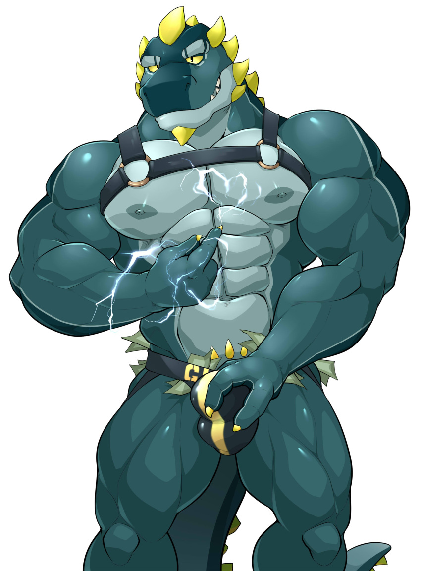 abs absurd_res anthro bulge clothed clothing dinosaur electricity hand_on_bulge harness hekar hi_res jockstrap maldu male money muscular muscular_male navel nipples pecs reptile scalie simple_background solo stripper topless underwear white_background xerhom