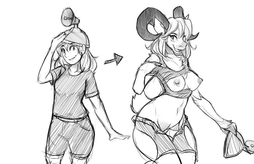 2018 absurd_res anthro before_and_after blush bovid breast_expansion breasts buttram caprine chest_tuft clothing female goat hair hat headgear headwear hi_res hooves horn human human_to_anthro long_hair looking_at_viewer mammal monochrome navel nipples open_mouth shirt simple_background smile solo species_transformation standing topwear torn_clothing transformation tuft watsup white_background