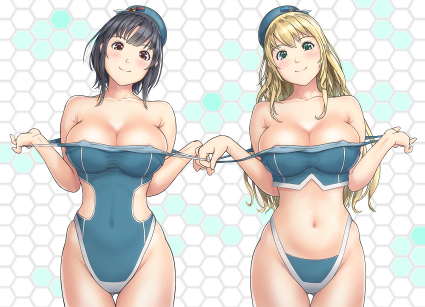 1girl aqua_bikini aqua_swimsuit areola_slip areolae atago_(kantai_collection) beret bikini black_hair blonde_hair blue_headwear breasts cleavage collarbone commentary_request competition_swimsuit covered_navel cowboy_shot curvy green_eyes hat head_tilt highres honeycomb_(pattern) honeycomb_background kantai_collection large_breasts long_hair navel one-piece_swimsuit red_eyes short_hair smile solo swimsuit swimsuit_pull takao_(kantai_collection) tuubou white_background