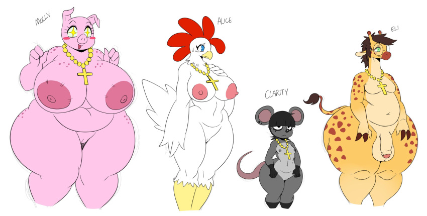 alice_(sssonic2) anthro areola avian balls belly big_areola big_breasts bird blue_eyes blush breasts chicken christianity clarity_(sssonic2) cross domestic_pig eli_(sssonic2) eyewear female galliform gallus_(genus) giraffe giraffid girly glasses green_eyes hi_res huge_breasts jewelry male mammal molly_(sssonic2) mouse murid murine navel necklace nude overweight overweight_female penis phasianid pussy religion rodent short_stack simple_background small_breasts smile sssonic2 star_eyes suid suina sus_(pig) thick_thighs white_background wide_hips