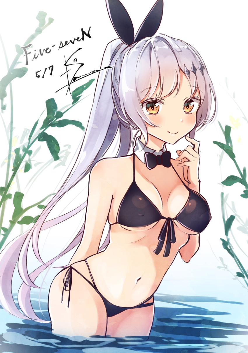 1girl bikini black_bikini black_ribbon blush bow bowtie breasts character_name collar dated erect_nipples five-seven_(girls_frontline) front-tie_bikini front-tie_top girls_frontline hair_ornament hair_ribbon highres kodama_(koda_mat) long_hair looking_at_viewer medium_breasts multi-strapped_bikini navel ponytail ribbon side-tie_bikini signature silver_hair smile solo swimsuit underboob wading water yellow_eyes