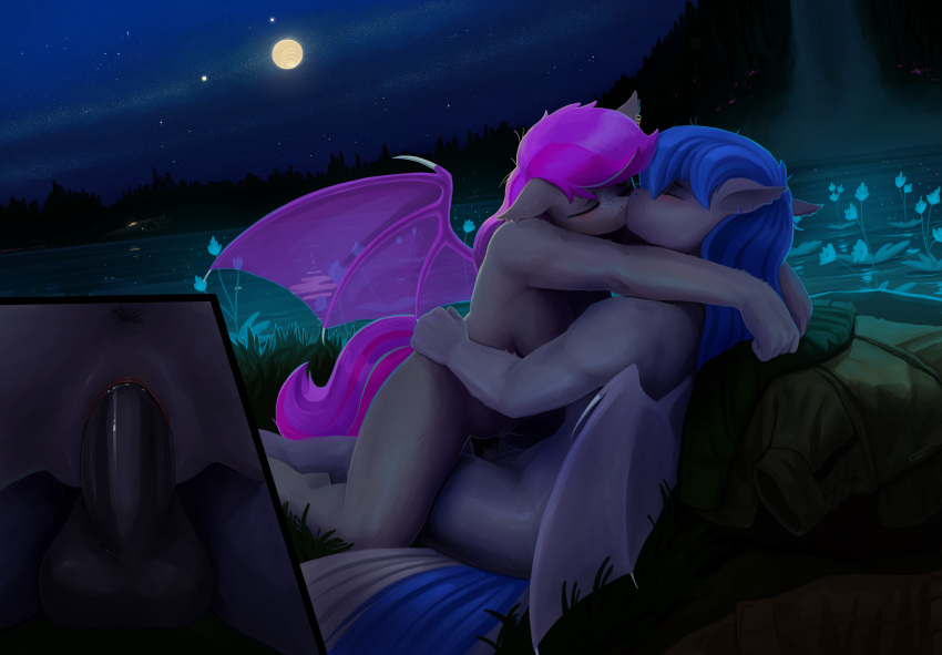 2019 absurd_res anthro balls bat_pony breasts duo equid eyes_closed fan_character female full_moon hair hi_res kissing male male/female mammal moon my_little_pony night nude outside penetration penis pussy sex the-minuscule-task vaginal vaginal_penetration
