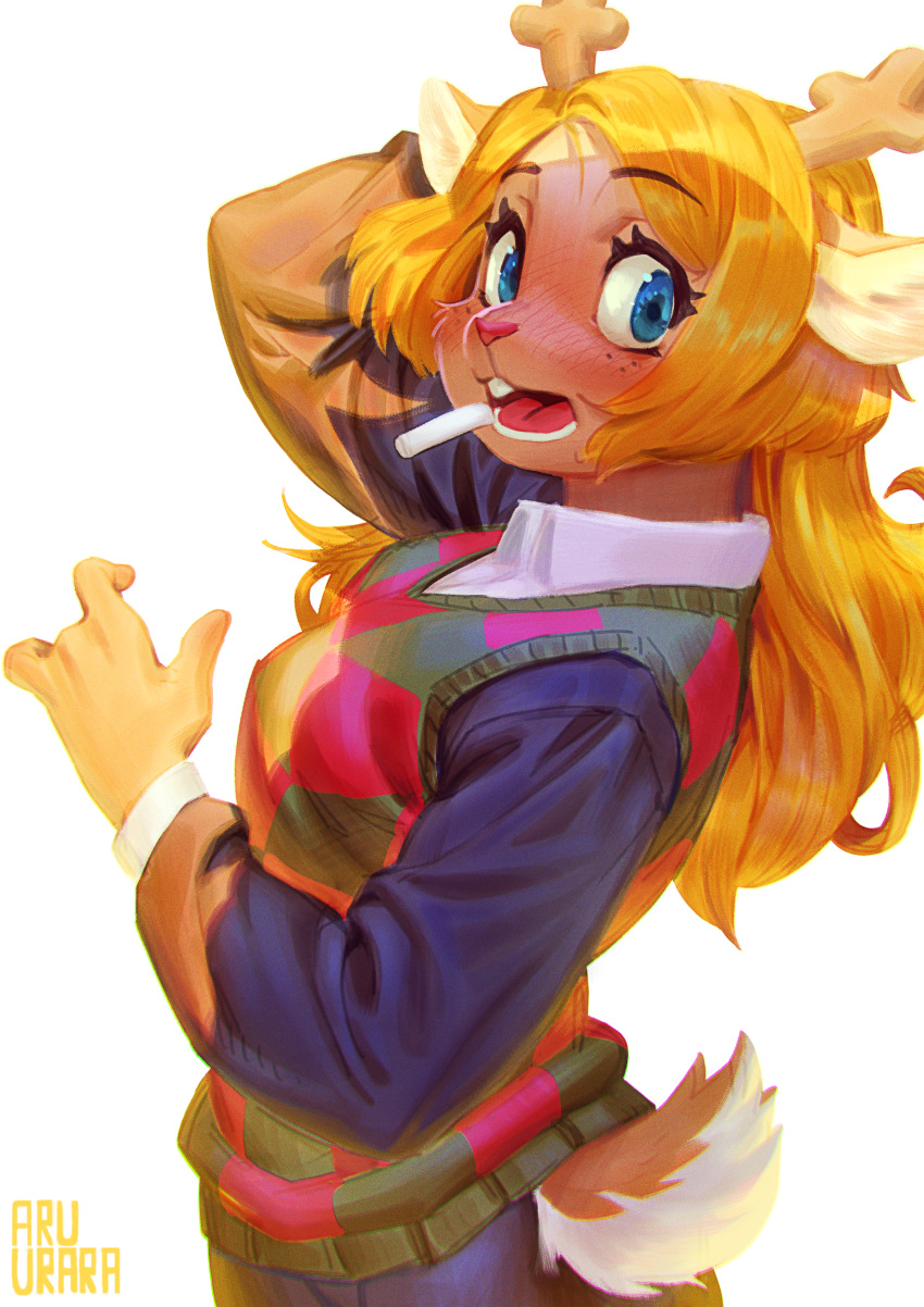 2018 absurd_res antlers aruurara blonde_hair blue_eyes blush breasts brown_fur buckteeth capreoline cervid chalk checkered_clothing clothed clothing countershade_tail countershading deltarune eyelashes female freckles fully_clothed fur hair half-length_portrait hi_res high-angle_view horn looking_at_viewer looking_back mammal noelle_holiday open_mouth pattern_clothing portrait rear_view reindeer short_tail side_view simple_background solo surprise sweater teeth topwear video_games white_background