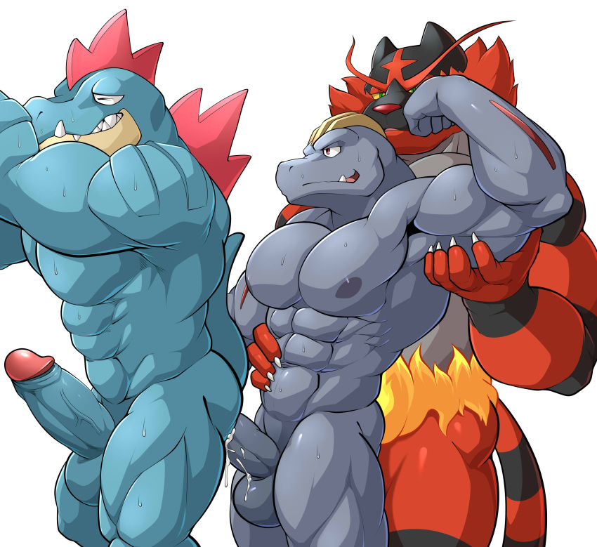 abs absurd_res anal anal_penetration anthro anthrofied balls cum cum_in_ass cum_inside erection feraligatr group group_sex hi_res humanoid_penis incineroar machoke maldu male male/male muscular muscular_male nintendo nipples nude penetration penis pok&eacute;mon pok&eacute;mon_(species) sex simple_background threesome train_position video_games white_background