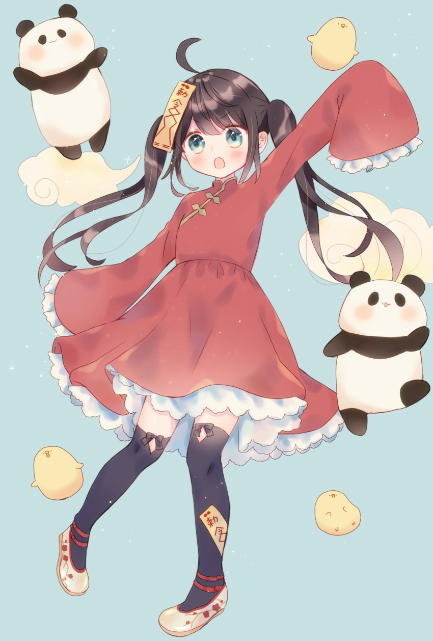 1girl :3 :o ahoge aqua_background aqua_eyes azarashi6 bangs bird black_bow black_hair blush bow chick chinese_clothes cloud commentary_request dress flats floral_print frilled_dress frills full_body highres jiangshi lolita_fashion long_hair ofuda original panda petting print_footwear qi_lolita red_dress shoe_ribbon sleeves_past_fingers sleeves_past_wrists solo sparkle thigh_cutout thighhighs twintails v-shaped_eyebrows white_footwear