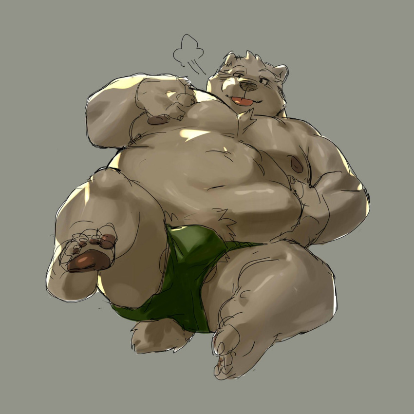 1:1 2019 anthro balls belly bulge canid canine canis clothing domestic_dog dubudubudubudub hi_res humanoid_hands lying male mammal moobs navel nipples overweight overweight_male solo tongue tongue_out underwear