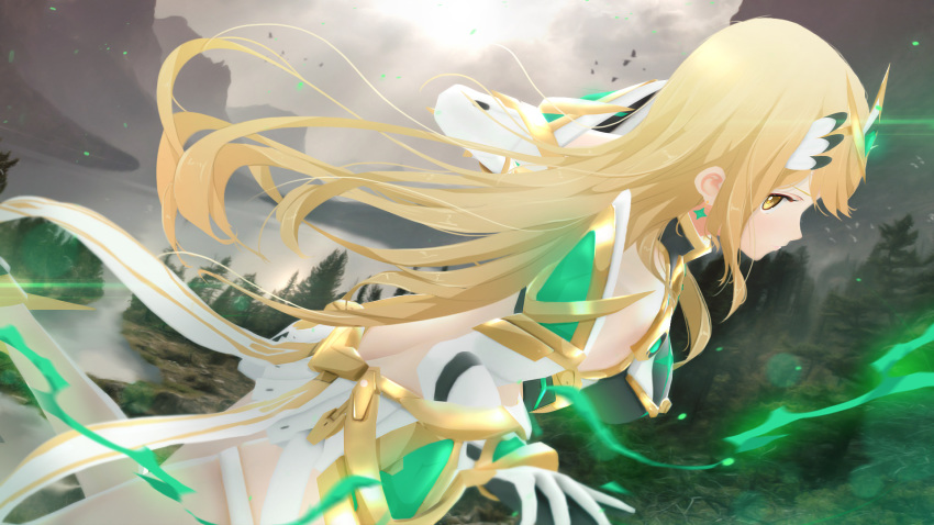 1girl 3d armor bare_shoulders blonde_hair breasts dress elbow_gloves gloves gmod highres hikari_(xenoblade_2) lake large_breasts long_hair mountain nintendo pose shoulder_armor solo tree very_long_hair xenoblade_(series) xenoblade_2 yellow_eyes