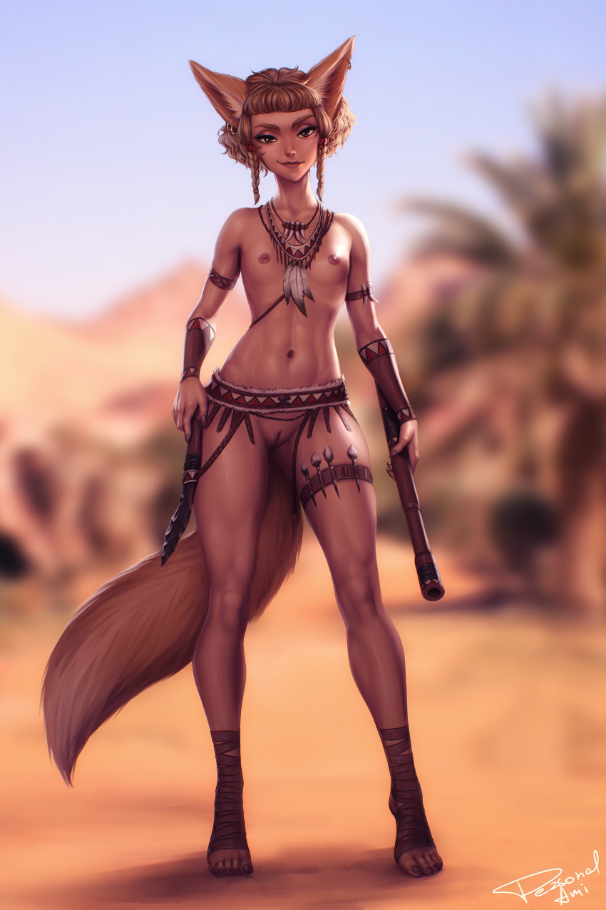1girl abs absurdres animal_ears armband belt blowgun blurry blurry_background braid breasts brown_eyes brown_hair claws dart earrings feather fox_ears fox_tail highres jewelry knife looking_at_viewer navel necklace nipples nude original personal_ami pussy short_hair small_breasts smile tail uncensored wavy_hair weapon