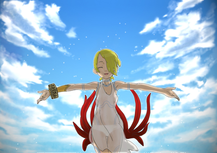 1girl bracelet breath_of_fire breath_of_fire_v cloud commentary_request dress facial_mark full_body_tattoo green_hair hair_over_one_eye jewelry jin_no_himitu nina_(breath_of_fire_v) panties red_wings ring see-through short_hair solo tattoo underwear white_dress wings