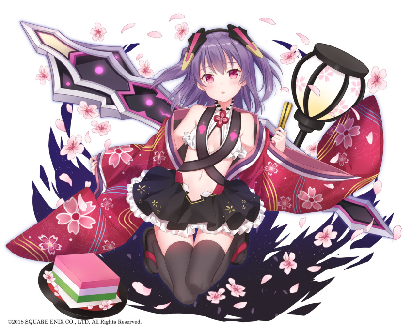 1girl :o bare_shoulders black_legwear black_skirt blush breasts cherry_blossoms cleavage_cutout closed_fan crop_top fan floating_hair floral_print flower folding_fan food food_request frilled_skirt frills full_body han-gyaku-sei_million_arthur hand_up head_tilt headgear highres holding holding_fan japanese_clothes jimmy lamppost legs_up long_hair long_sleeves looking_at_viewer midriff million_arthur_(series) miniskirt navel off_shoulder open_clothes parted_lips petals pink_flower plate purple_hair red_eyes sidelocks skirt sky sleeveless sleeves_past_wrists small_breasts solo star_(sky) starry_sky stomach sword thighhighs two_side_up wagashi watermark weapon wide_sleeves zettai_ryouiki zouri