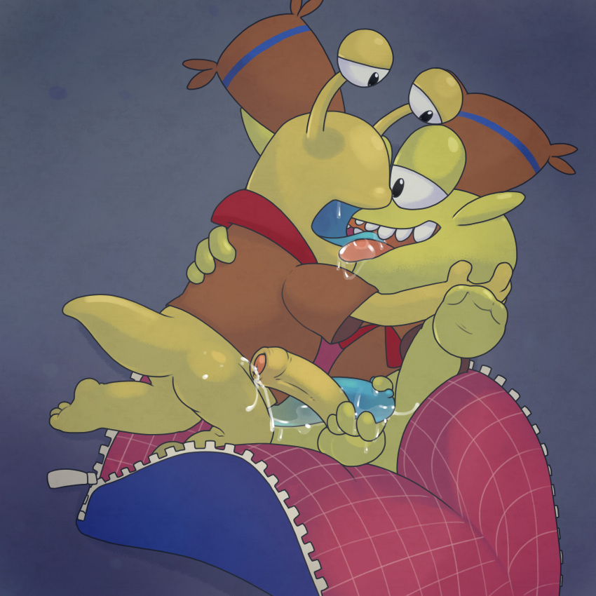 2019 3_toes 4_fingers argon_vile balls black_eyes blue_background bottomless camp_lazlo cartoon_network clam_(camp_lazlo) clothed clothing duo erection frottage gastropod green_body hand_on_back hat hi_res humanoid_penis kissing male male/male mammal mollusk penis precum red_scarf rhinocerotoid saliva sex simple_background sleeping_bag slinkman slug toes uncut yellow_body young