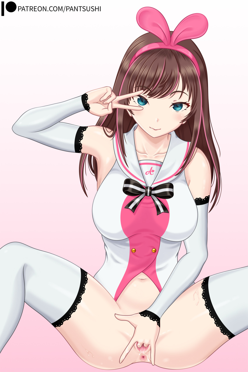 1girl a.i._channel absurdres anus blue_eyes blush breasts brown_hair bunny_hair_ornament censored female female_masturbation fingering gradient gradient_background hair_ornament highres kizuna_ai lace looking_at_viewer masturbation mosaic_censoring mouth_hold pantsushi pantyhose patreon_username pink_hair pussy ribbon virtual_youtuber wet