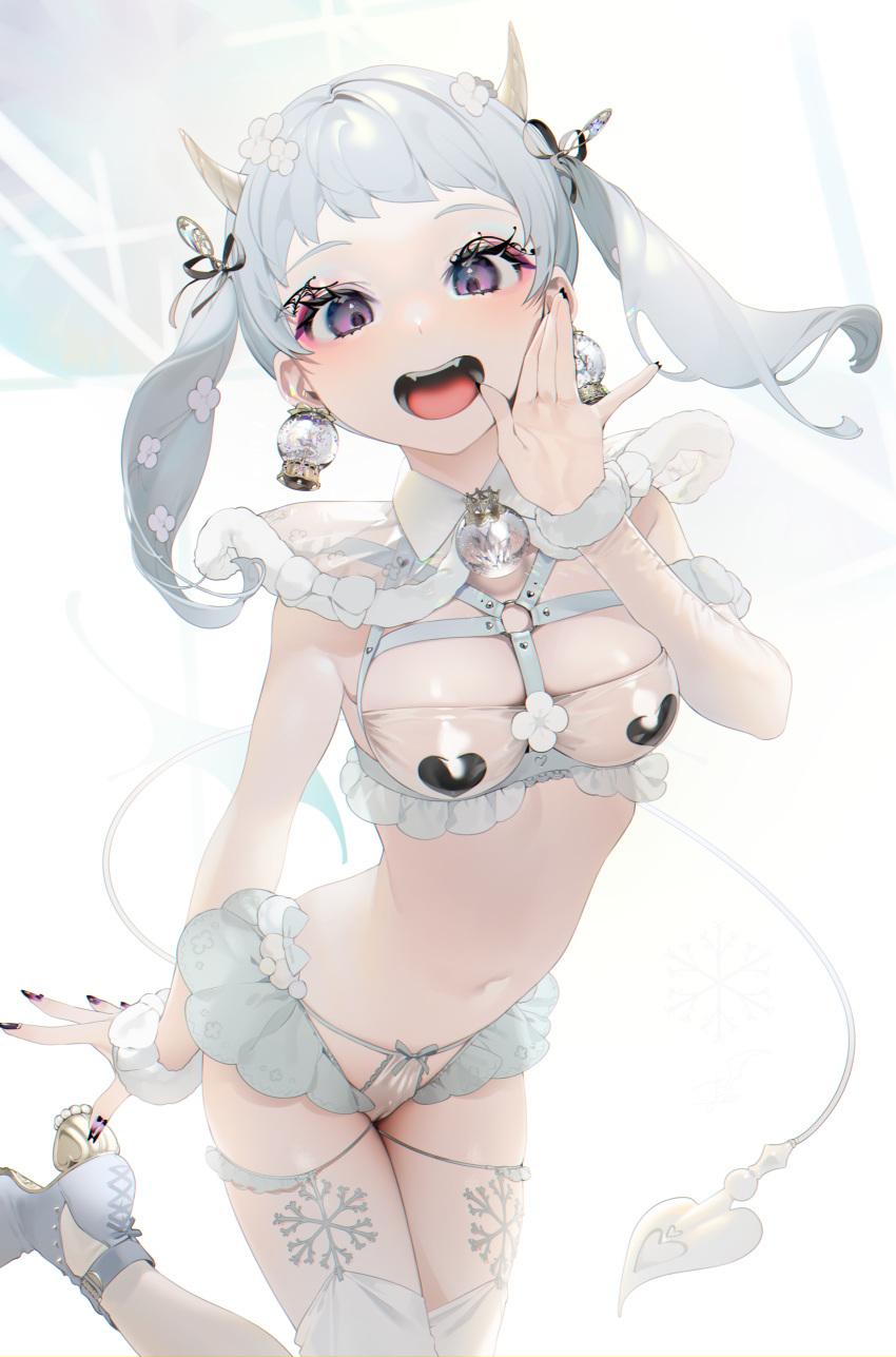 1girl :d absurdres bare_arms bare_shoulders black_nails breasts bulb_earrings cameltoe capelet character_request demon_tail earrings eyelashes fangs frills hair_ribbon hand_up heart_pasties high_heels highres horns jewelry leg_up long_hair looking_at_viewer medium_breasts nail_polish navel ohisashiburi open_mouth pasties purple_eyes ribbon see-through shining_star shoes silver_hair smile snowflakes solo standing standing_on_one_leg stomach tail twintails white_background wrist_cuffs