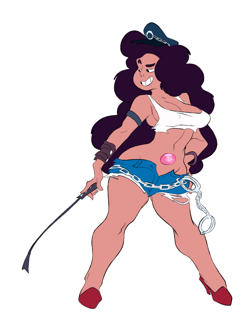 1girl breasts capcom chains cleavage collar cosplay crop_top cuffs denim denim_shorts final_fight gem handcuffs hat high_heels highres long_hair peaked_cap poison_(final_fight) poison_(final_fight)_(cosplay) short_shorts shorts slb solo steven_universe stevonnie_(steven_universe) street_fighter very_long_hair wavy_hair