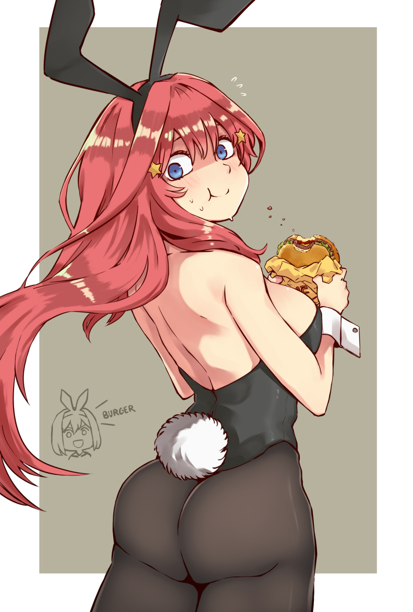 ahoge animal_ears ass back bangs bare_shoulders black_leotard blue_eyes blush breasts bunny_ears bunny_girl bunny_tail bunnysuit eating eyebrows_visible_through_hair fake_animal_ears flying_sweatdrops food fumafu go-toubun_no_hanayome hair_between_eyes hair_ornament hair_ribbon hamburger highres large_breasts leotard long_hair looking_at_viewer looking_back multiple_girls nakano_itsuki nakano_yotsuba open_mouth pantyhose red_hair ribbon shaded_face simple_background smile star star_hair_ornament strapless strapless_leotard sweatdrop tail wrist_cuffs