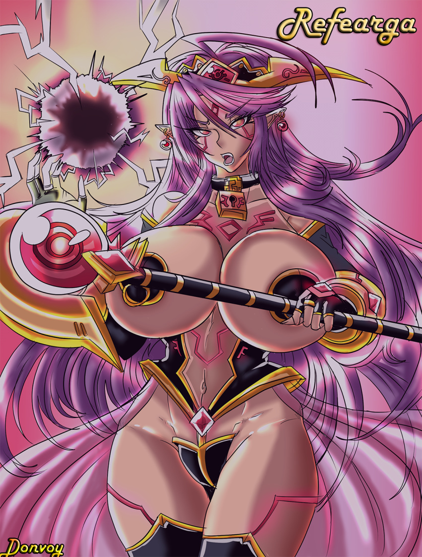 breasts dark_elf dark_skin donvoy_(artist) elf gem highres huge_breasts large_breasts lock long_hair mage magic magician original piercing pointy_ears power purple_hair red_eyes refearga(original) sexy staff tatto wizard