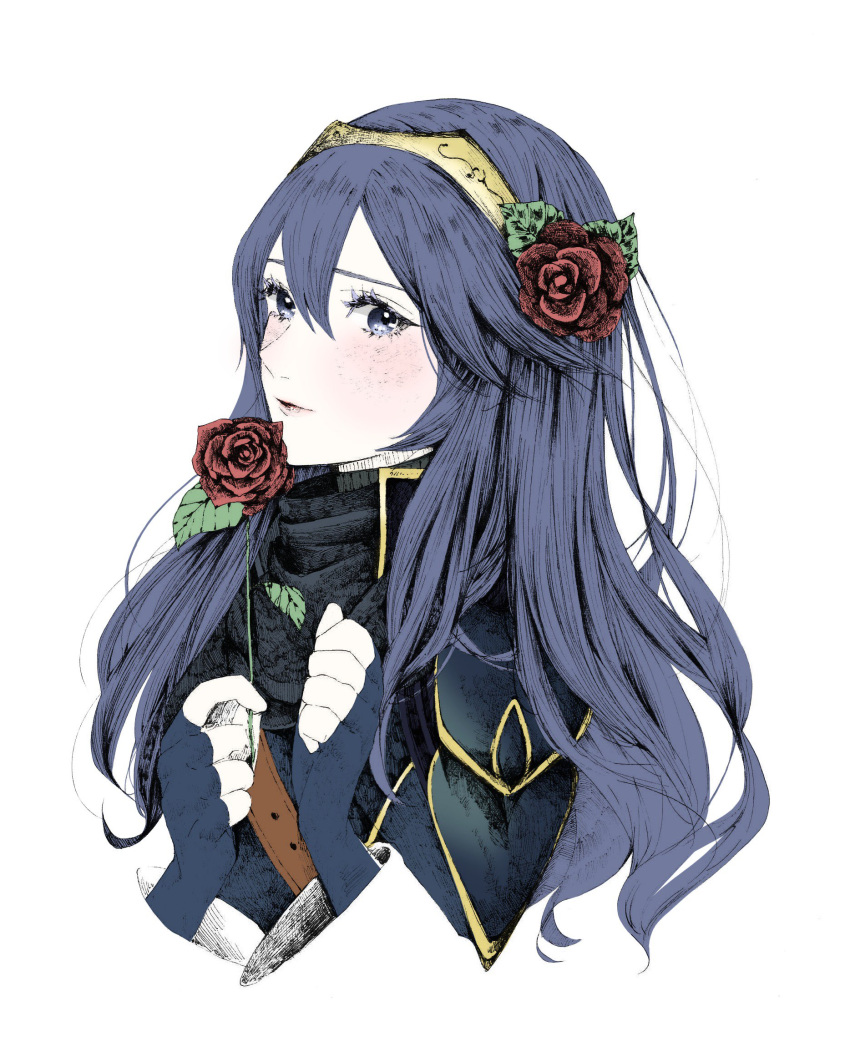 1girl armor bangs blue_eyes blue_hair blue_scarf blush fingerless_gloves fire_emblem fire_emblem:_kakusei fire_emblem_heroes flower gloves hair_between_eyes hair_flower hair_ornament highres long_hair looking_at_viewer lucina nintendo parted_lips scarf shoulder_armor souta_61 strap super_smash_bros. super_smash_bros._ultimate tiara