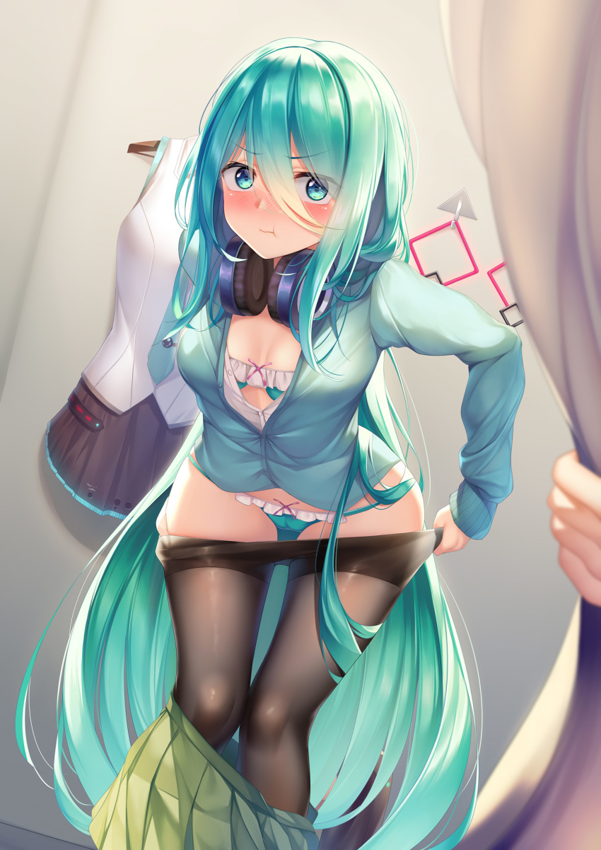 1girl :t black_legwear blush bra curtain_grab curtains dressing_room green_eyes green_hair hair_between_eyes hair_down hatsune_miku headphones headphones_around_neck highres long_hair looking_at_viewer panties pantyhose pupupu_(1053378452) skirt skirt_pull thigh_gap underwear undressing very_long_hair vocaloid