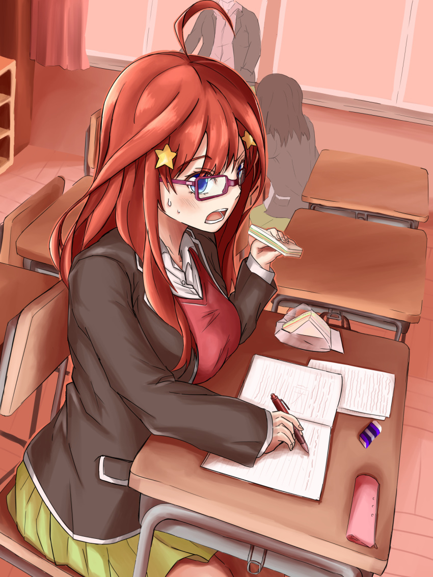 1girl alicization6718 bangs blue_eyes breasts classroom commentary_request curtains desk eating eraser eyebrows_visible_through_hair food glasses go-toubun_no_hanayome green_skirt hair_between_eyes hair_ornament highres holding holding_food indoors large_breasts long_hair lunch nakano_itsuki open_mouth papers pencil pleated_skirt red_hair sandwich school school_desk shirt sitting skirt solo star star_hair_ornament sweatdrop tile_floor tiles white_shirt window