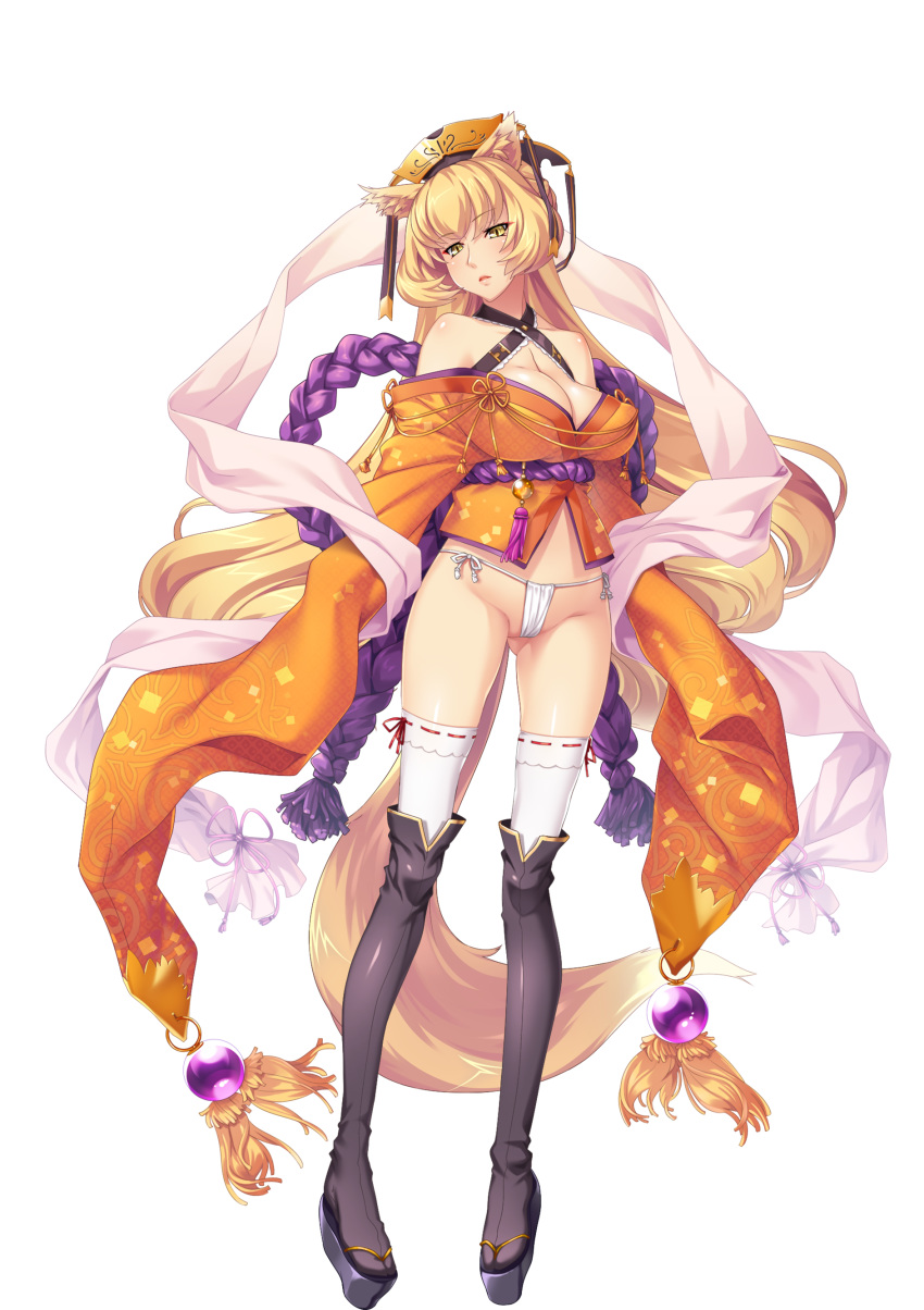 1girl absurdres animal_ears blonde_hair breasts female fox_ears fox_girl fox_tail full_body fundoshi geta headpiece highres hikage_eiji japanese_clothes kimono kohaku_(kuroinu) kuroinu_~kedakaki_seijo_wa_hakudaku_ni_somaru~ large_breasts liquid_(company) long_hair nexton obi official_art revealing_clothes rope sandals sash shawl short_kimono slit_pupils solo tail thighhighs very_long_hair yellow_eyes