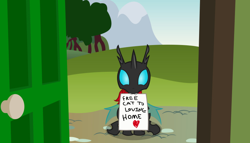 &lt;3 badumsquish blue_eyes changeling fangs horn my_little_pony sign sitting solo