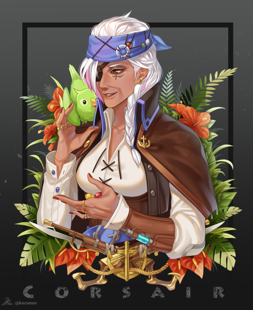 1girl alternate_costume ana_(overwatch) anchor_symbol bayonet bird black_background braid breasts brown_eyes buttons coat collarbone commentary_request corsair_ana dark_skin earrings eyepatch facial_tattoo fern flower framed_image from_side gradient gradient_background grey_background gun headband hibiscus highres jewelry kuzunue long_hair long_sleeves looking_to_the_side medium_breasts open_collar overwatch parrot parted_lips pirate plant ring rope shirt signature single_braid smile solo syringe tattoo twitter_username upper_body weapon white_hair white_shirt