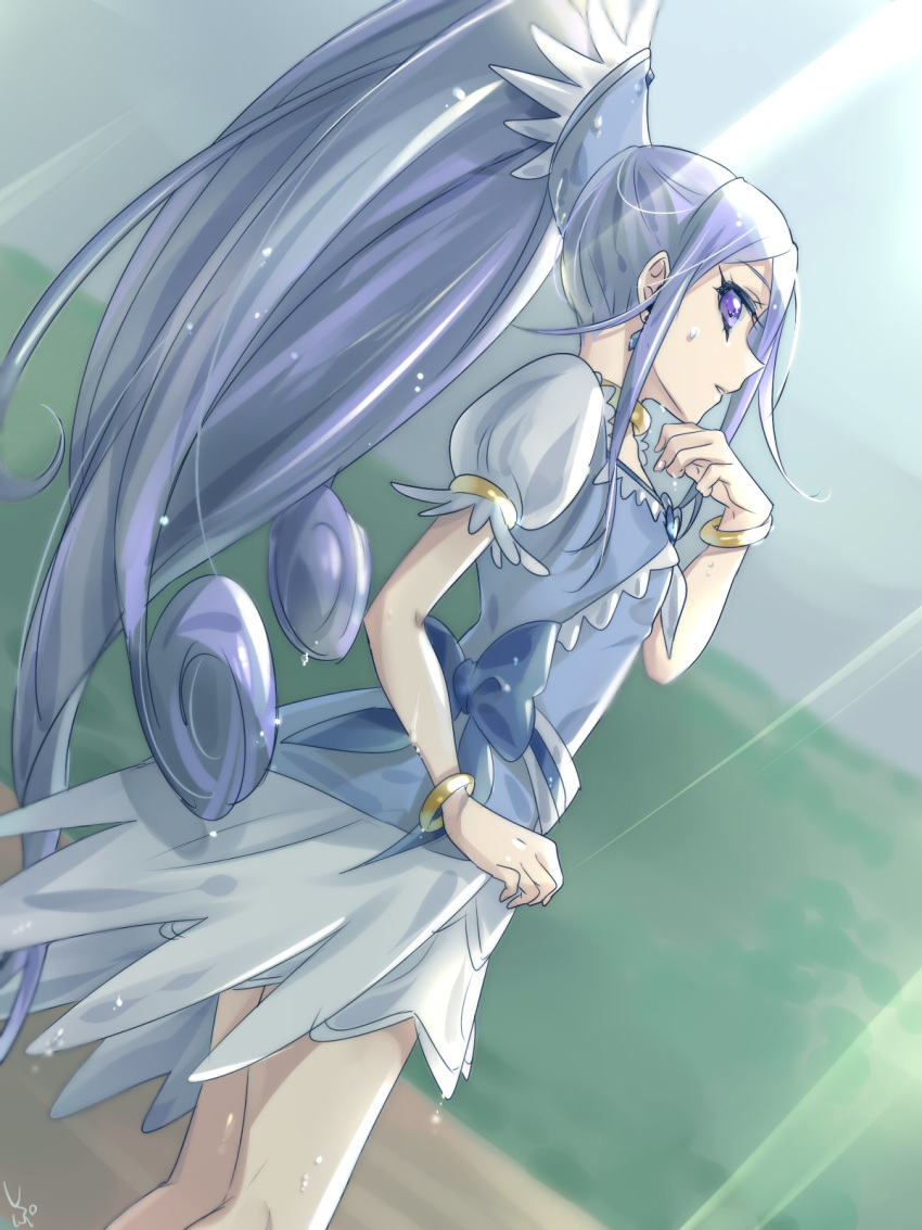 1girl blue_bow bow bracelet character_request cure_diamond dokidoki!_precure dress grey_hair high_ponytail highres hishikawa_rikka jewelry long_hair looking_at_viewer parted_lips precure purple_eyes shiny shiny_hair shipu_(gassyumaron) short_dress short_sleeves solo standing sweatdrop very_long_hair wet wet_clothes wet_hair white_dress