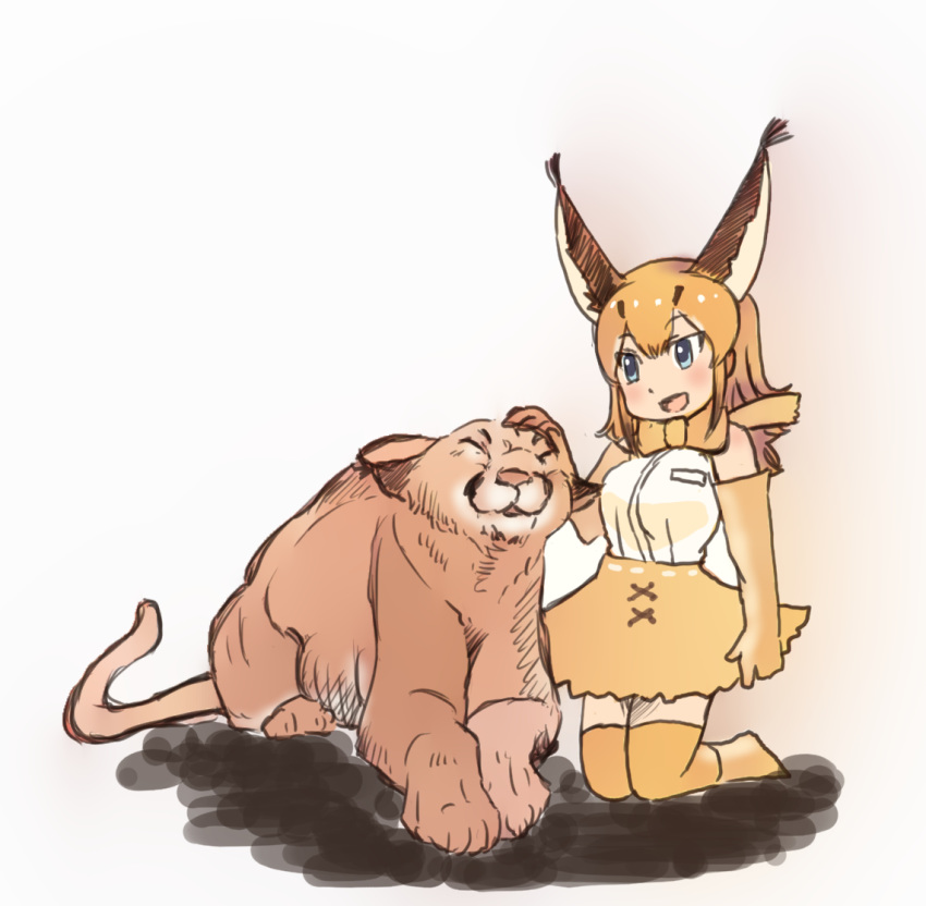 2019 :3 ambiguous_gender animal_humanoid armwear bare_shoulders big_breasts biped blue_eyes blush bottomwear bow_tie breasts brown_fur brown_hair brown_highlights brown_nose brown_tail caracal caracal_(genus) caracal_(kemono_friends) caracal_humanoid clothed clothing duo ear_tuft ears_outwards elbow_gloves eyelashes eyes_closed felid felid_humanoid feline feline_humanoid female feral footwear fully_clothed fur gloves hair hair_highlights hand_on_head happy hatching_(art) humanoid iceeye_ena japanese kemono_friends kneeling legwear light_skin long_ears long_tail looking_at_another lying mammal multicolored_hair on_front open_mouth open_smile orange_bottomwear orange_clothing orange_footwear orange_gloves orange_hair orange_skirt orange_socks petting pivoted_ears quadruped shadow shirt simple_background skirt smile socks tan_skin thigh_highs thigh_socks topwear tuft two_tone_hair warm_colors white_background white_clothing white_shirt white_topwear