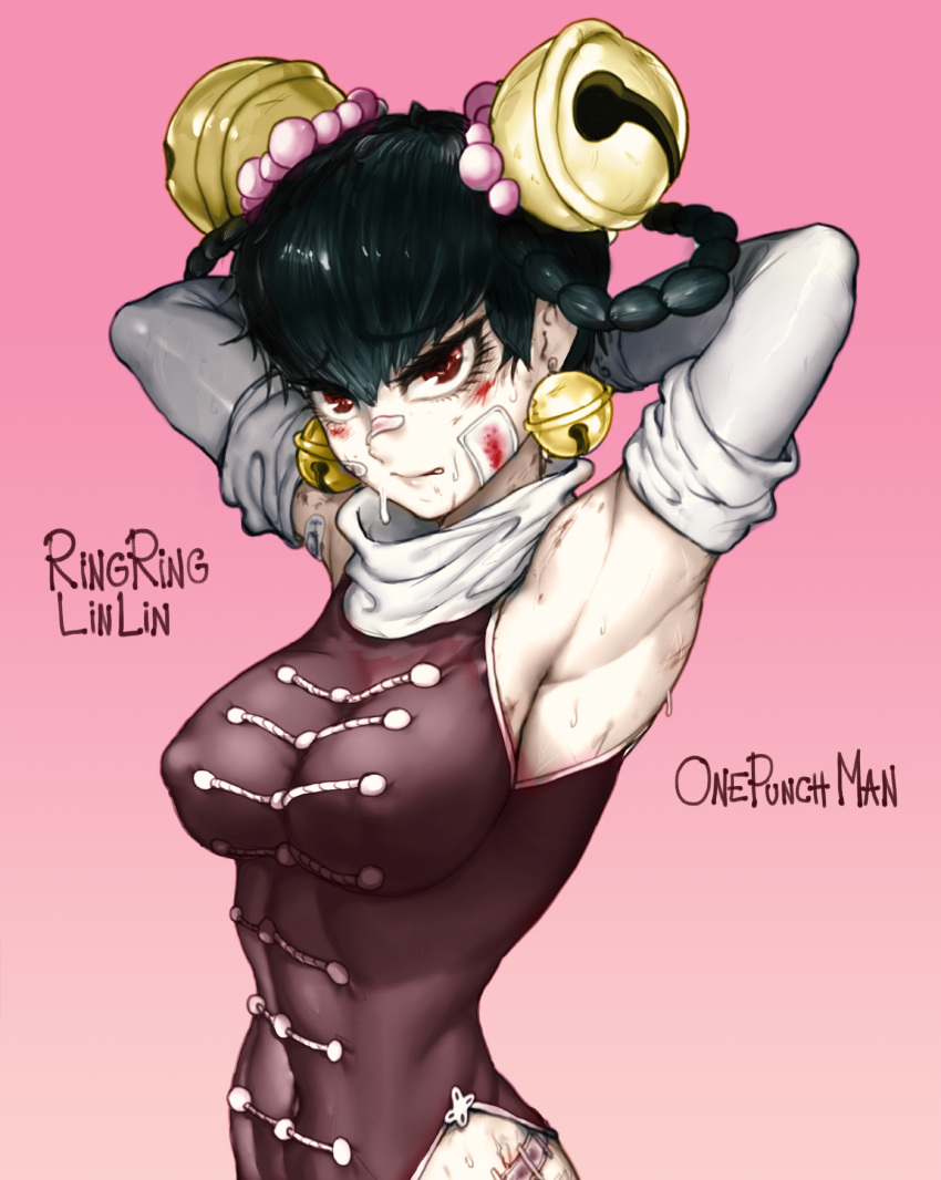 1girl armpits arms_behind_head arms_up bell_earrings black_hair blood braid breasts covered_navel earrings highres hip_focus jewelry large_breasts lin_lin_(one-punch_man) medium_breasts monochrome one-punch_man pelvic_curtain plaster scarf sideboob solo sweat the_golden_smurf twin_braids twintails