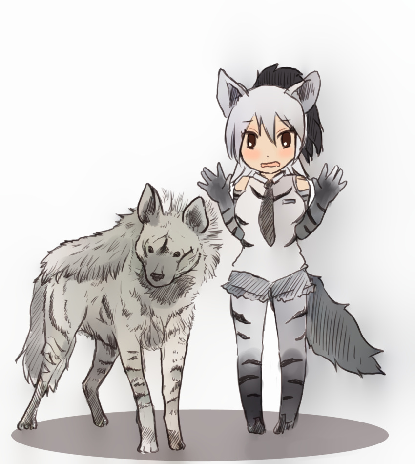 2019 3_toes 5_fingers aardwolf aardwolf_(kemono_friends) aardwolf_humanoid ambiguous_gender animal_humanoid animal_print armwear bare_shoulders beady_eyes big_breasts biped black_eyes black_nose black_stripes blush bottomwear breasts brown_eyes clothed clothing cutoffs denim_shorts duo elbow_gloves fear female feral fluffy footwear frown fully_clothed fur gloves grey_bottomwear grey_clothing grey_fur grey_skirt grey_tail hair hi_res humanoid hyaenid hyaenid_humanoid iceeye_ena japanese kemono_friends larger_female larger_humanoid legwear light_skin looking_at_viewer mammal necktie open_frown open_mouth pattern_clothing ponytail quadruped scared shadow shirt shoes shorts simple_background size_difference skirt smaller_ambiguous smaller_feral snout striped_clothing striped_fur stripes tan_skin toes topwear white_background white_clothing white_shirt white_topwear worried