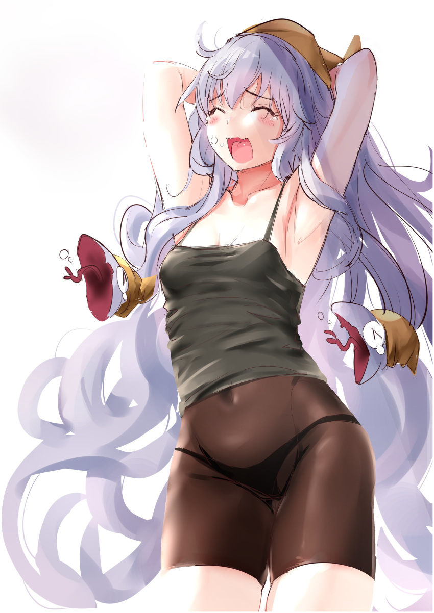 1girl absurdres arm_up armpits bare_shoulders blush bodysuit breasts cowboy_shot eyes_closed ganari_ryuu granblue_fantasy headpiece highres lavender_hair long_hair medium_breasts medusa_(shingeki_no_bahamut) open_mouth shingeki_no_bahamut simple_background sleepy small_breasts smile snake_hair solo standing stretch tears very_long_hair waking_up yawning